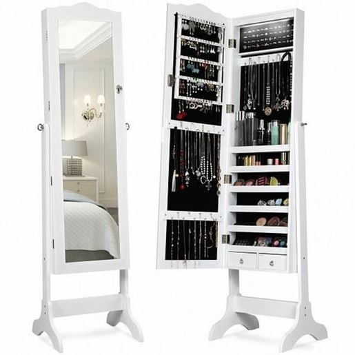 Picture of Mirrored Jewelry Cabinet Storage with Drawer and Led Lights-White - Color: White