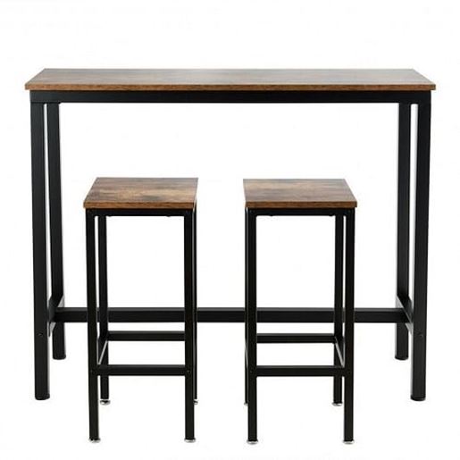 图片 3 Pieces Bar Table Counter Breakfast Bar Dining Table with Stools-Brown - Color: Brown