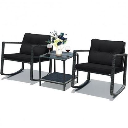 图片 3 Pieces Cushioned Patio Rattan Set with Rocking Chair and Table-Black - Color: Black