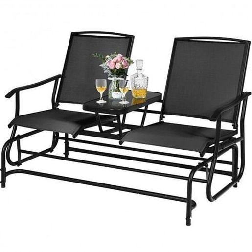 Picture of 2-Person Double Rocking Loveseat with Mesh Fabric and Center Tempered Glass Table-Black - Color: Black