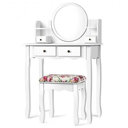 Picture of Makeup Vanity Table Set Girls Dressing Table with Drawers Oval Mirror-White - Color: White