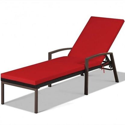 Picture of Patio Rattan Lounge Chaise Recliner with Back Adjustable Cushioned - Color: Red