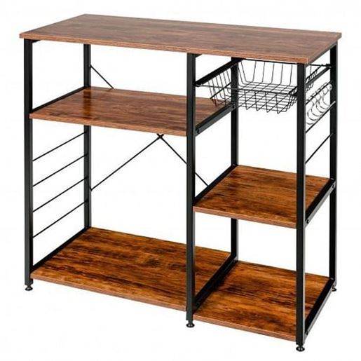 Picture of Industrial Kitchen Baker's Rack Microwave Shelf with 6 Hooks-Brown - Color: Brown