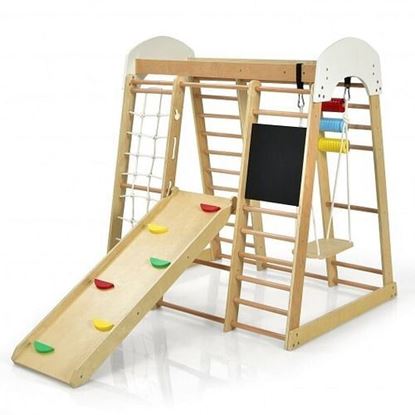 Picture of Indoor Playground Climbing Gym Wooden 8 in 1 Climber Playset for Children-Natural - Color: Natural