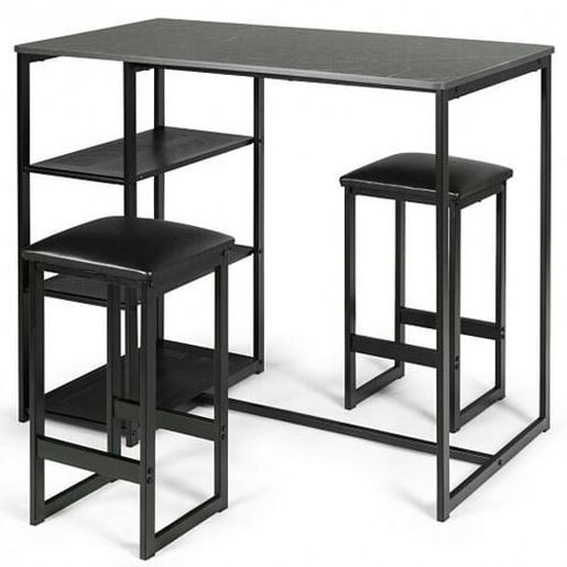 Picture of 3 pcs Dining Set with Faux Marble Top Table and 2 Stools-Black - Color: Black - Size: 42" x 24" x 36"