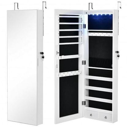 Picture of Wall Mounted Full Screen Mirror Jewelry Cabinet Armoire wirth 6 LEDs-White - Color: White