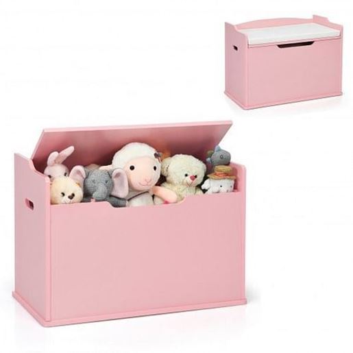 Picture of Kids Toy Wooden Flip-top Storage Box Chest Bench with Cushion Hinge-Pink - Color: Pink