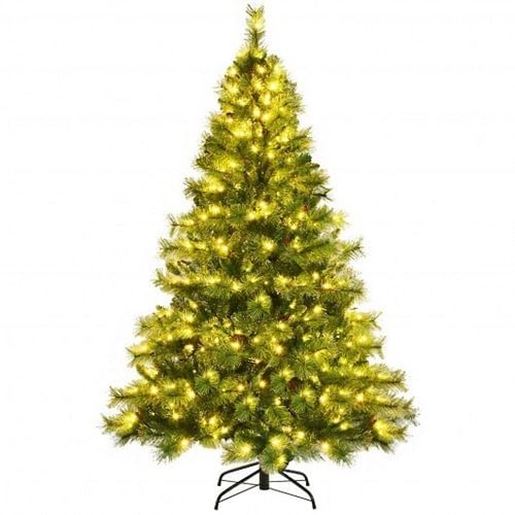 Picture of Pre-lit Hinged Christmas Tree with Glitter Tips and Pine Cones - Color: Green - Size: 6 ft