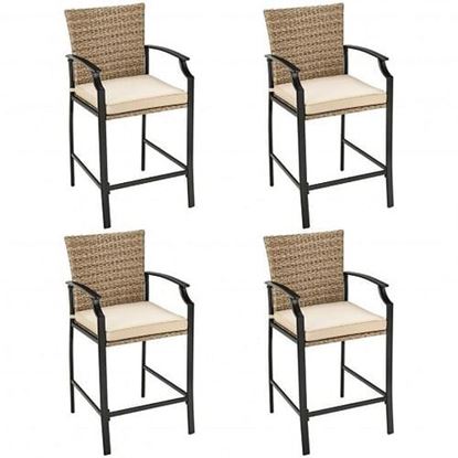 Picture of Patio Rattan Bar Stools Set of 4 with Soft Cushions - Color: Beige