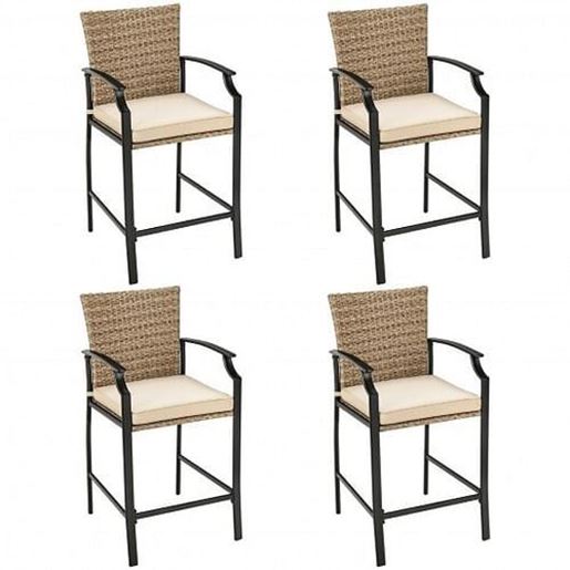 Picture of Patio Rattan Bar Stools Set of 4 with Soft Cushions - Color: Beige