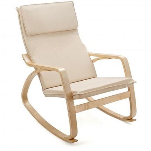 Picture of Modern Bentwood Rocking Chair Fabric Upholstered Relax Rocker Lounge Chair-Beige - Color: Beige