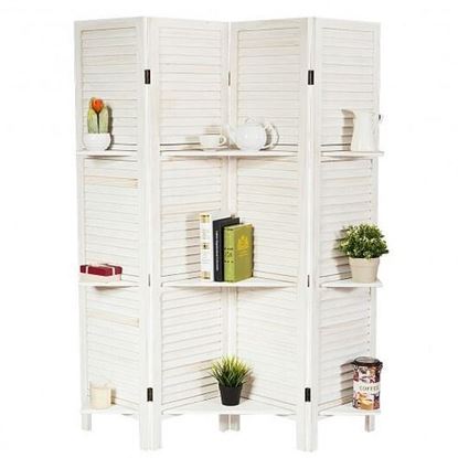 Picture of 4 Panel Folding Room Divider Screen with 3 Display Shelves-White - Color: White - Size: 49" x 11.5" x 67"