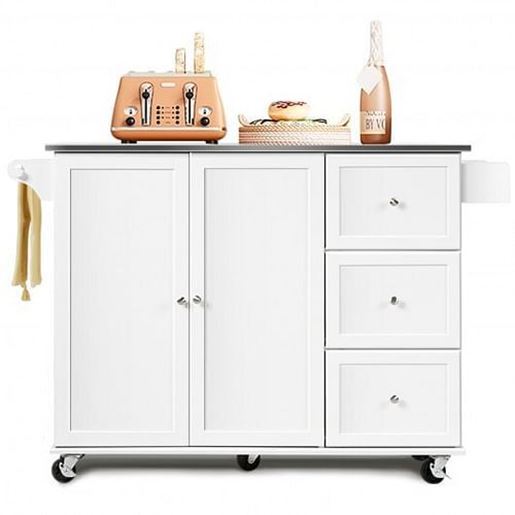 Picture of Kitchen Island 2-Door Storage Cabinet with Drawers and Stainless Steel Top-White - Color: White