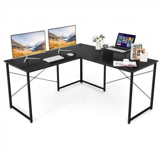 Picture of 95 Inch 2-Person L-Shaped Long Reversible Computer Desk with Monitor Stand-Black - Color: Black