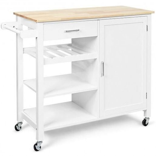 Picture of Kitchen Island Cart Rolling Serving Cart Wood Trolley-White - Color: White