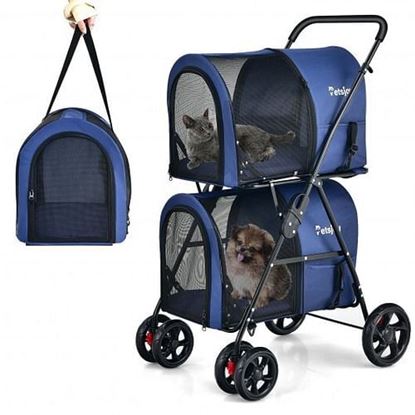 Picture of 4-in-1 Double Pet Stroller with Detachable Carrier and Travel Carriage-Blue - Color: Blue