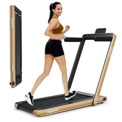 Picture of 2-in-1 Electric Motorized Health and Fitness Folding Treadmill with Dual Display and Speaker-Yellow - Color: Yellow