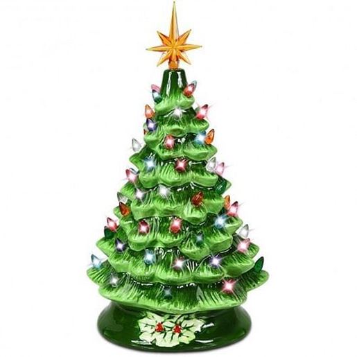 Picture of 15 Inch Pre-Lit Hand-Painted Ceramic Christmas Tree-Green - Color: Green - Size: 15 inches