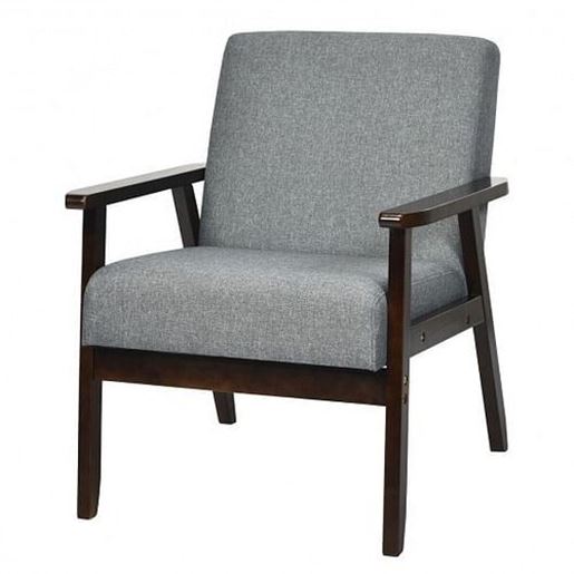 Picture of Solid Rubber Wood Fabric Accent Armchair-Gray - Color: Gray