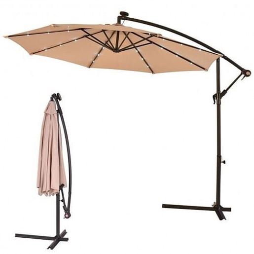 Picture of 10 Feet Patio Hanging Solar LED Umbrella Sun Shade with Cross Base-Beige - Color: Beige