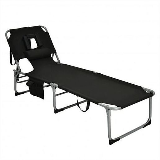 Picture of Folding Beach Lounge Chair with Pillow for Outdoor-Black - Color: Black