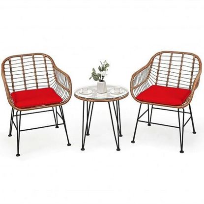 Picture of 3 Pcs Patio Rattan Bistro Set with Cushion-Red - Color: Red