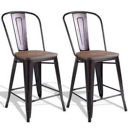 Picture of Copper Barstool Set of 2 Metal Wood Counter Chairs with Wood Top and High Backrest - Color: Copper