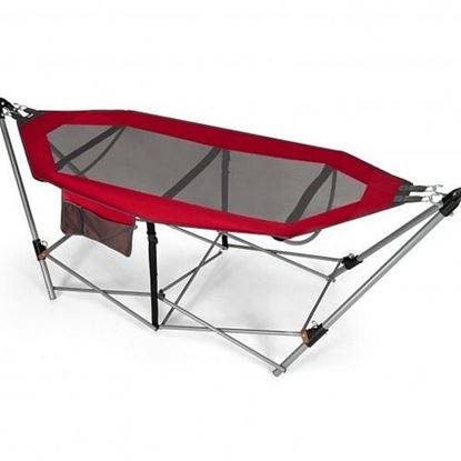 Picture of Folding Hammock Indoor Outdoor Hammock with Side Pocket and Iron Stand-Red - Color: Red