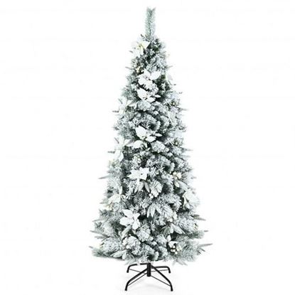 Picture of Snow Flocked Christmas Pencil Tree with Berries and Poinsettia Flowers-6 ft - Color: White - Size: 6 ft