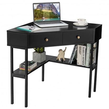 Foto de Space Saving Corner Computer Desk with 2 Large Drawers and Storage Shelf-Black - Color: Black