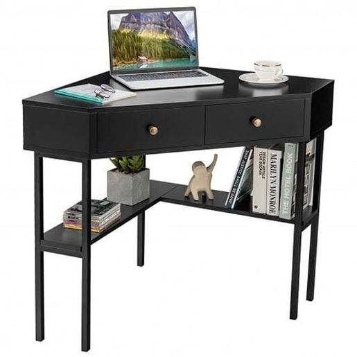 Foto de Space Saving Corner Computer Desk with 2 Large Drawers and Storage Shelf-Black - Color: Black