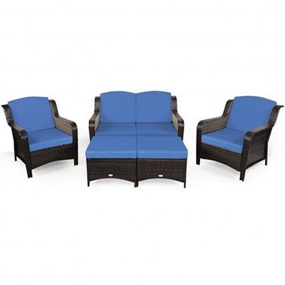 Picture of 5 Pieces Patio Rattan Sofa Set with Cushion and Ottoman-Navy - Color: Navy