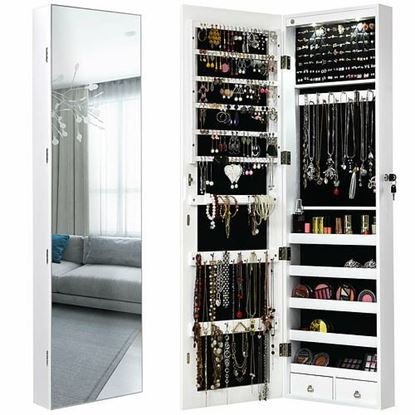 Picture of Wall and Door Mounted Mirrored Jewelry Cabinet with Lights-White - Color: White