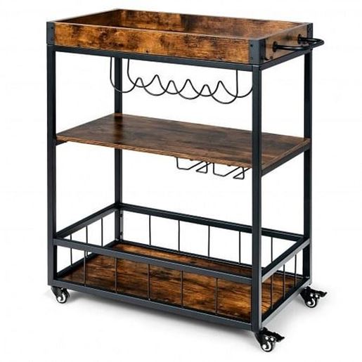 Picture of 3-Tier Rolling Kitchen Bar Cart with Wine Rack-Rustic Brown - Color: Rustic Brown