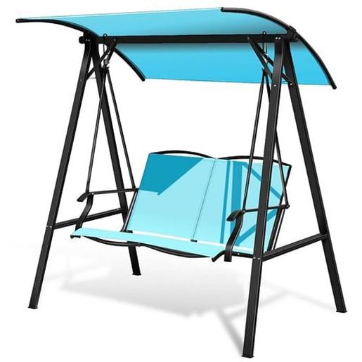 Picture of Outdoor Porch Steel Hanging 2-Seat Swing Loveseat with Canopy-Turquoise - Color: Turquoise