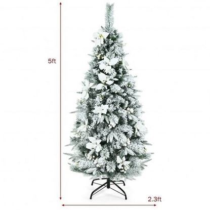 Picture of Pre-lit Snow Flocked Christmas Tree with Berries and Poinsettia Flowers-5' - Color: White - Size: 5 ft