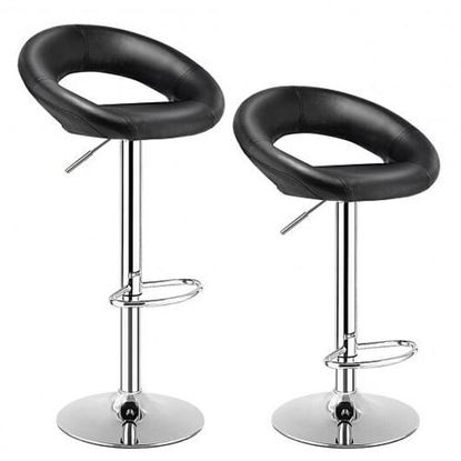 Picture of Set of 2 Bar Stools Adjustable PU Leather Swivel Chairs-Black - Color: Black