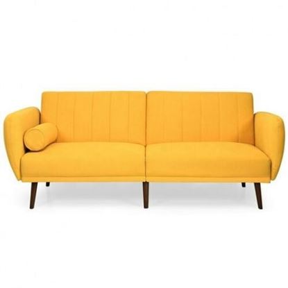 Picture of Convertible Futon Sofa Bed Adjustable Couch Sleeper with Wood Legs-Yellow - Color: Yellow