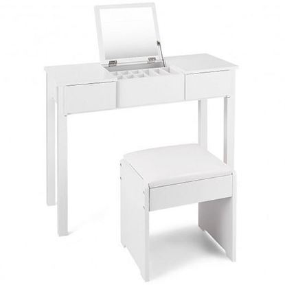 Picture of Black / White Vanity Makeup Dressing Table Writing Desk Set with Flip Top Mirror and Cushioned Stool-White - Color: White