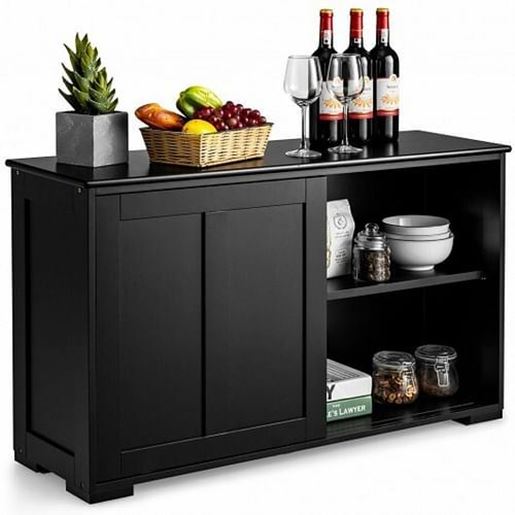 Picture of Kitchen Storage Cupboard Cabinet with Sliding Door-Black - Color: Black