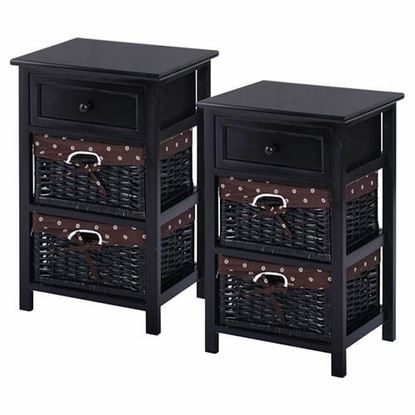 Picture of 3 Tier Set of 2 Wood Nightstand with 1 and 2 Drawer -Black - Color: Black