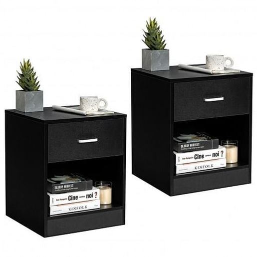 Picture of 2 Pieces Nightstand with Storage Drawer and Cabinet-Black - Color: Black