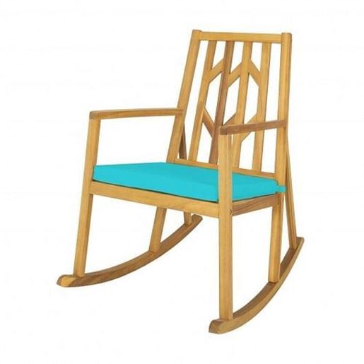 Picture of Patio Acacia Wood Rocking Chair Sofa with Armrest and Cushion for Garden and Deck-Turquoise - Color: Turquoise