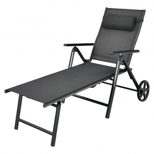 Picture of Patio Lounge Chair with Wheels Neck Pillow Aluminum Frame Adjustable-Gray - Color: Gray