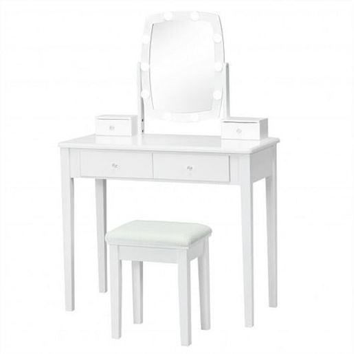 Picture of Vanity Table Set with Lighted Mirror for Bedroom and Dressing Room-White - Color: White