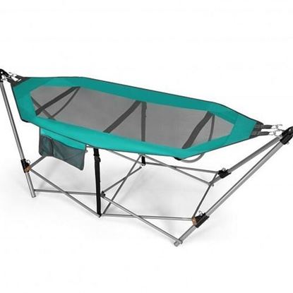 Picture of Folding Hammock Indoor Outdoor Hammock with Side Pocket and Iron Stand-Turquoise - Color: Turquoise