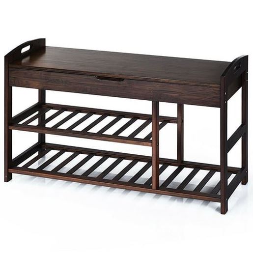 Image sur 3-Tier Bamboo Shoe Bench Entryway Storage Rack-Black - Color: Black - Size: 31" x 11.5" x 19.5"