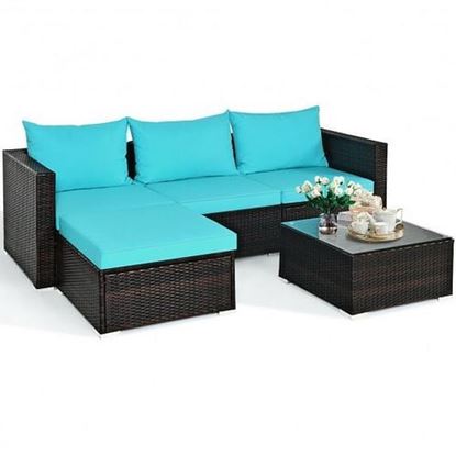 Picture of 5 Pieces Patio Rattan Furniture Set with Coffee Table-Turquoise - Color: Turquoise