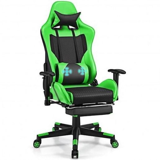 Picture of PU Leather Gaming Chair with USB Massage Lumbar Pillow and Footrest -Green - Color: Green