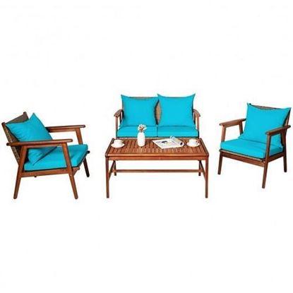 Picture of 4 Pieces Acacia Wood Patio Rattan Furniture Set-Turquoise - Color: Turquoise